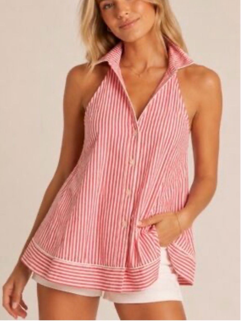 Anthropologie Striped Halter Top Collar Flowy Tie back Red White Small